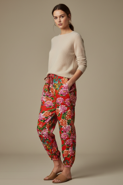 Pantalon Japonais Rouge Fleuri Ample Fluide Estival - Viscose