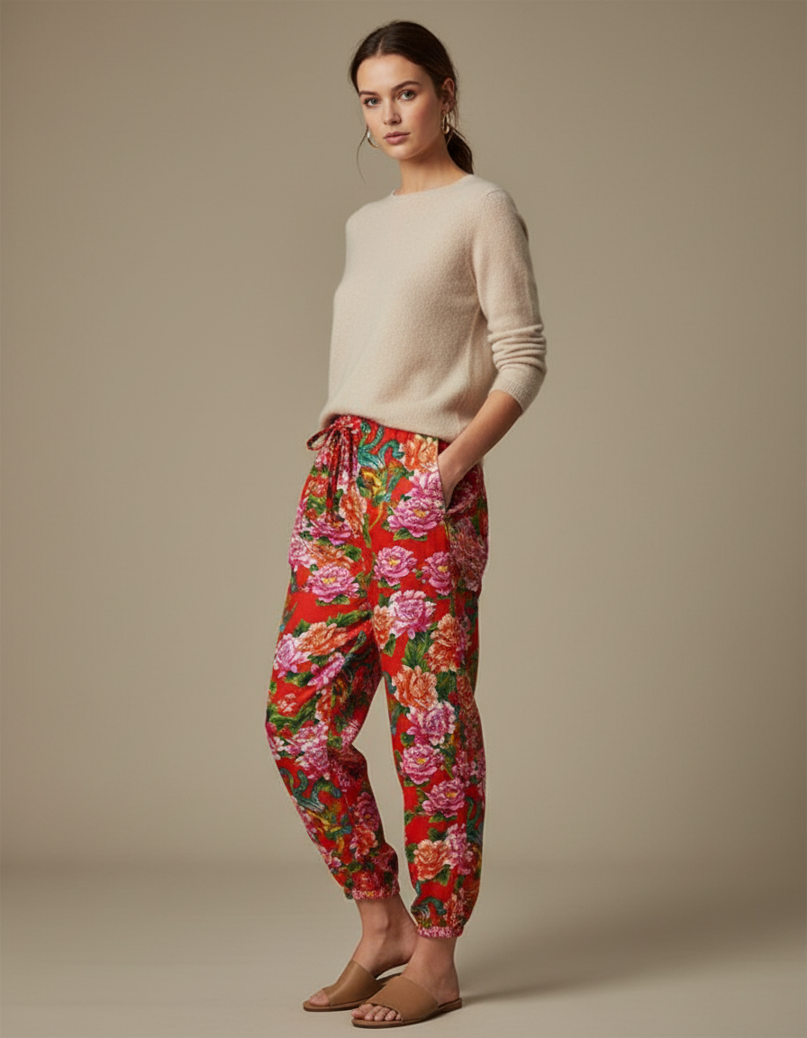 Pantalon Japonais Rouge Fleuri Ample Fluide Estival - Viscose