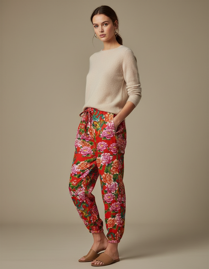Pantalon Japonais Rouge Fleuri Ample Fluide Estival - Viscose