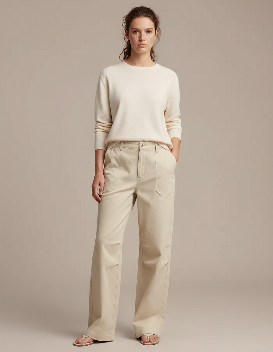 Pantalon Japonais Beige Ample Coton Décontracté Femme - Toile