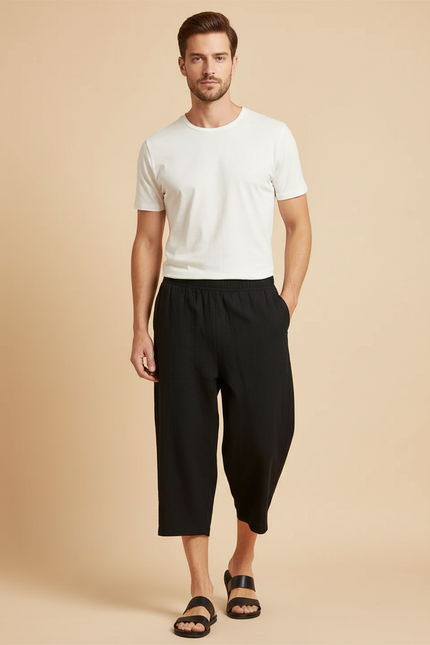 Pantalon Japonais Noir Coton Ample Court Décontracté - Lin