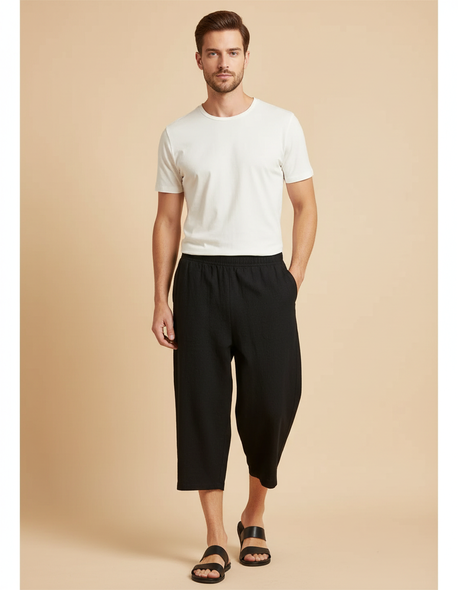 Pantalon Japonais Noir Coton Ample Court Décontracté - Lin
