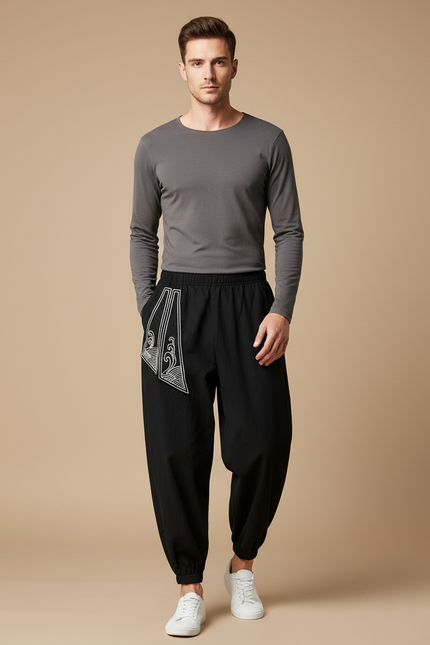 Pantalon Japonais Noir Harem Brodé Dragon Ample - Lin