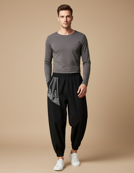 Pantalon Japonais Noir Harem Brodé Dragon Ample - Lin