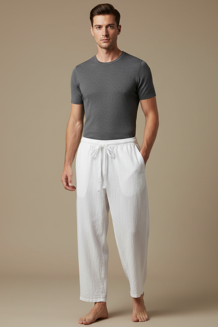 Pantalon Japonais Blanc Ample Lin Cordon Homme