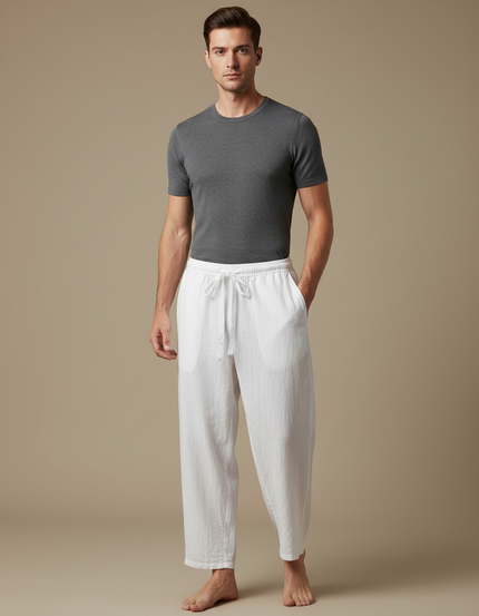 Pantalon Japonais Blanc Ample Lin Cordon Homme