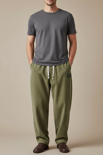 Pantalon Japonais Vert Côtelé Ample Décontracté Homme - Kaki Cordé