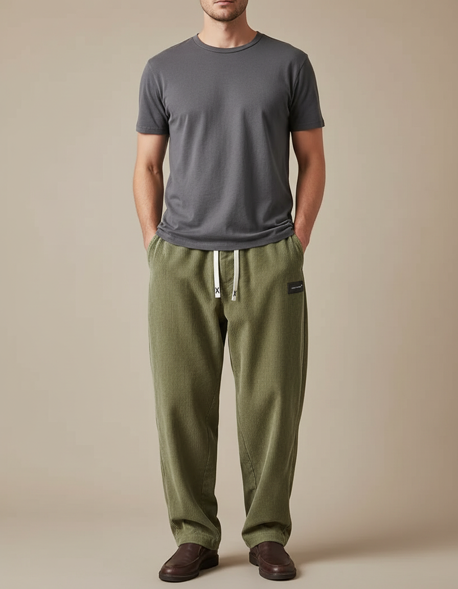 Pantalon Japonais Vert Côtelé Ample Décontracté Homme - Kaki Cordé