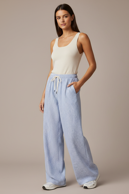 Pantalon Japonais Rayé Ample Fluide Décontracté Femme - Bleu Lin