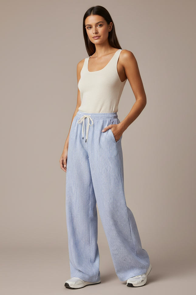 Pantalon Japonais Rayé Ample Fluide Décontracté Femme - Bleu Lin