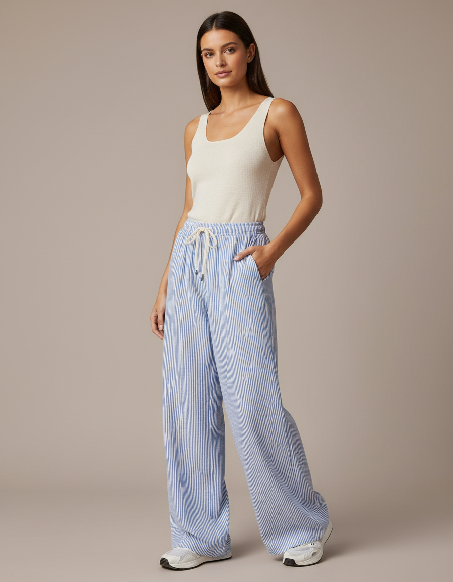 Pantalon Japonais Rayé Ample Fluide Décontracté Femme - Bleu Lin