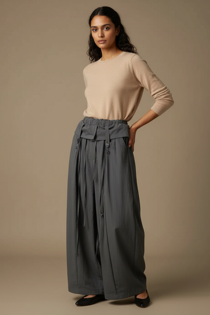 Pantalon Japonais Gris Ample Décontracté Coton Femme