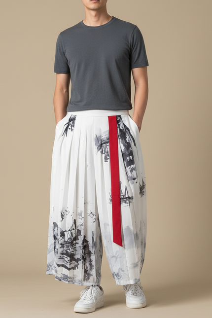 Pantalon Japonais Blanc Plissé Imprimé Encre Rouge - Polyester