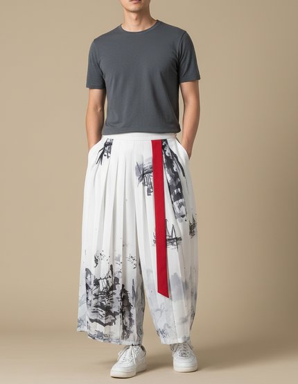 Pantalon Japonais Blanc Plissé Imprimé Encre Rouge - Polyester