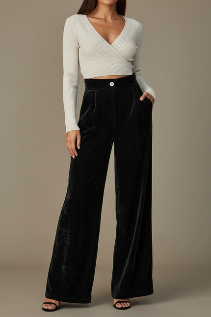 Pantalon Japonais Velours Noir Ample Taille Haute Évasé