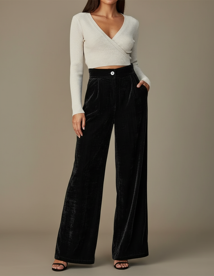 Pantalon Japonais Velours Noir Ample Taille Haute Évasé
