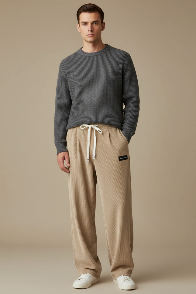 Pantalon Japonais Beige Côtelé Ample Cordon Décontracté - Cordé