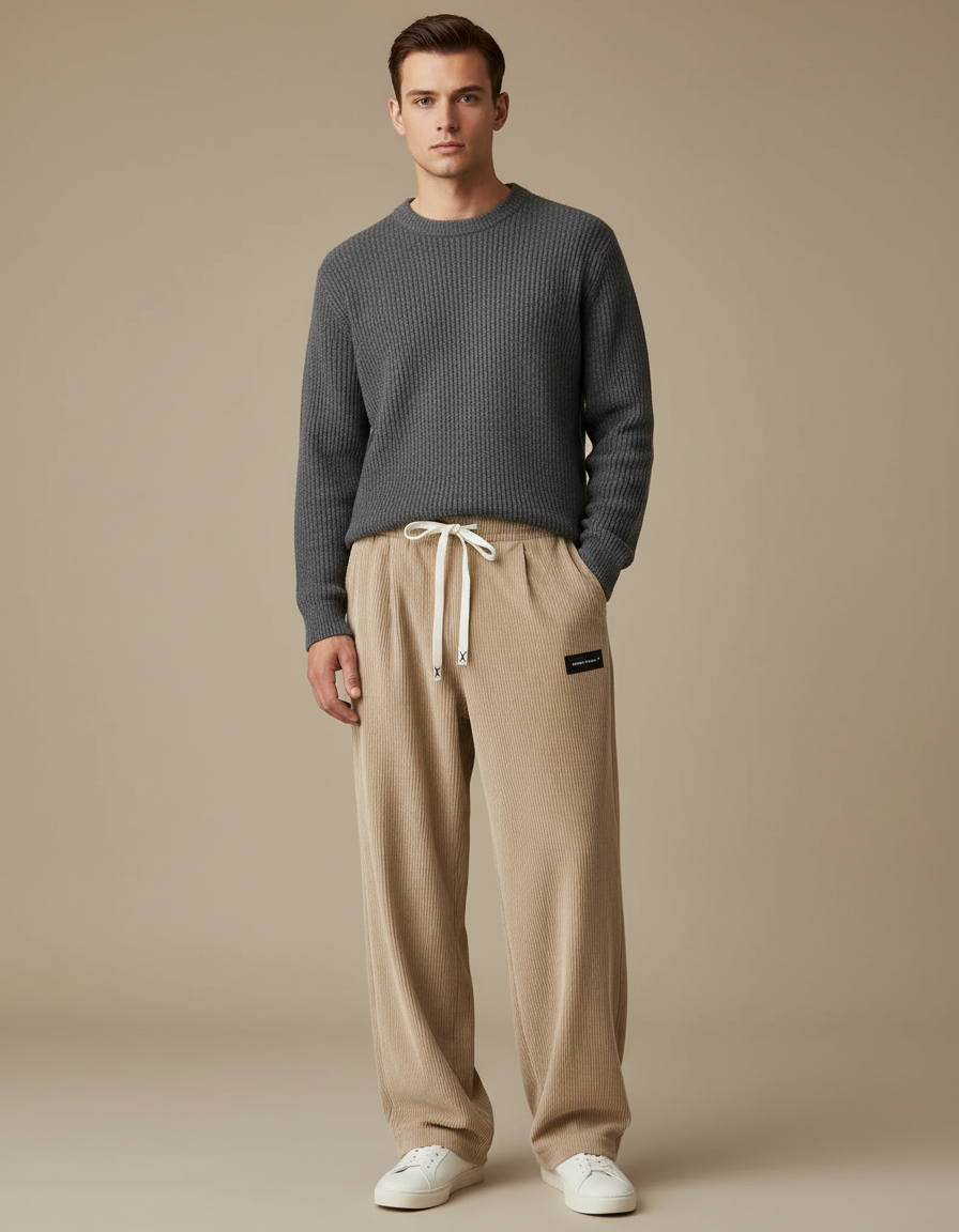 Pantalon Japonais Beige Côtelé Ample Cordon Décontracté - Cordé