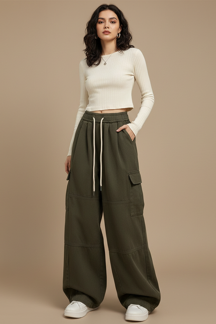 Pantalon Japonais Cargo Vert Ample Cordon Streetwear - Kaki Molleton