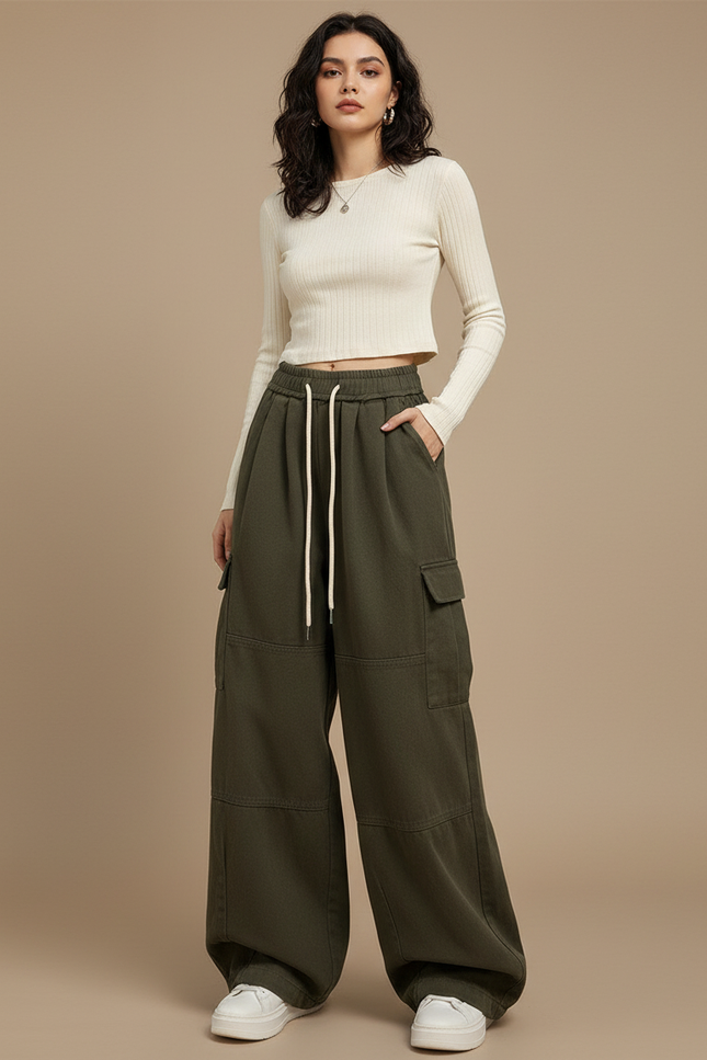 Pantalon Japonais Cargo Vert Ample Cordon Streetwear - Kaki Molleton