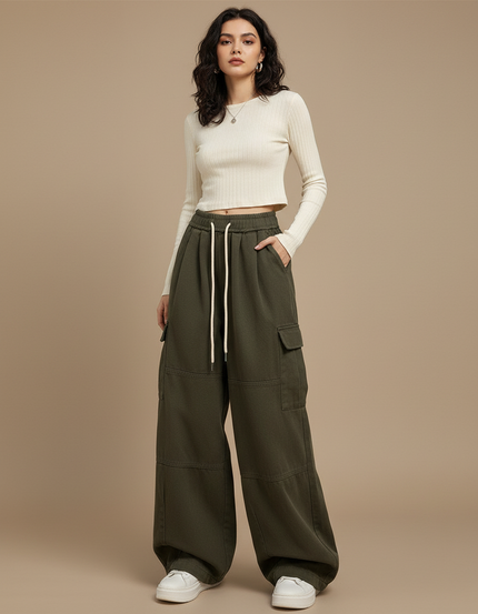 Pantalon Japonais Cargo Vert Ample Cordon Streetwear - Kaki Molleton