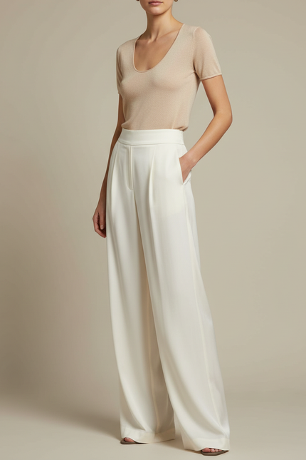 Pantalon Japonais Crème Ample Fluide Élégant - Blanc Viscose