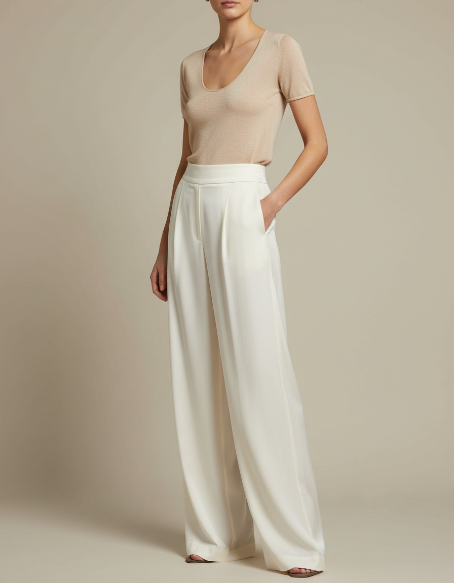 Pantalon Japonais Crème Ample Fluide Élégant - Blanc Viscose