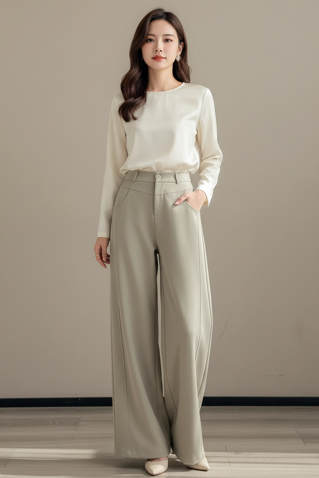 Pantalon Japonais Vert Ample Fluide Élégant Femme - Polyester