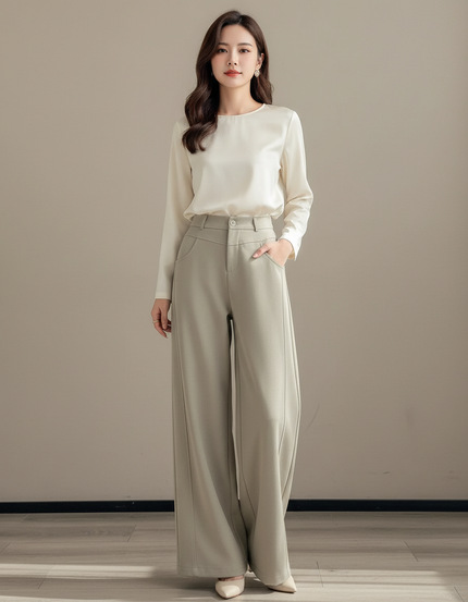 Pantalon Japonais Vert Ample Fluide Élégant Femme - Polyester