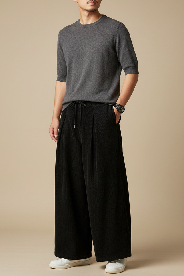 Pantalon Japonais Noir Ample Côtelé Casual Homme - Cordé