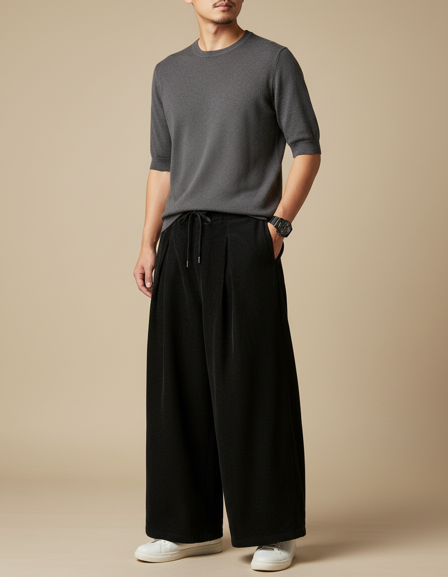 Pantalon Japonais Noir Ample Côtelé Casual Homme - Cordé