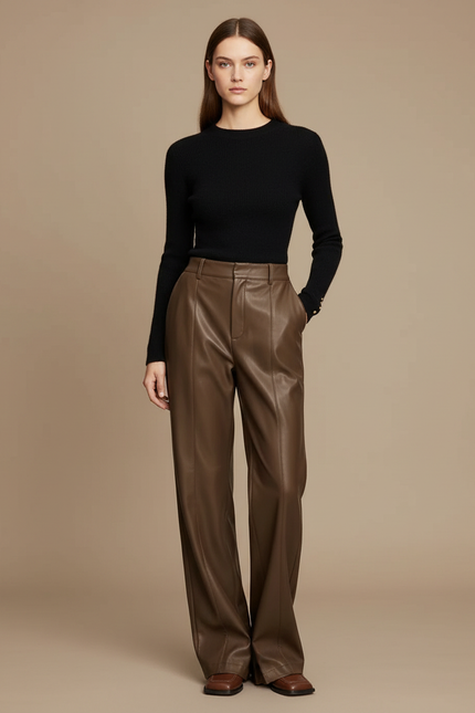 Pantalon Japonais Marron Cuir Ample Droit Élégant Femme