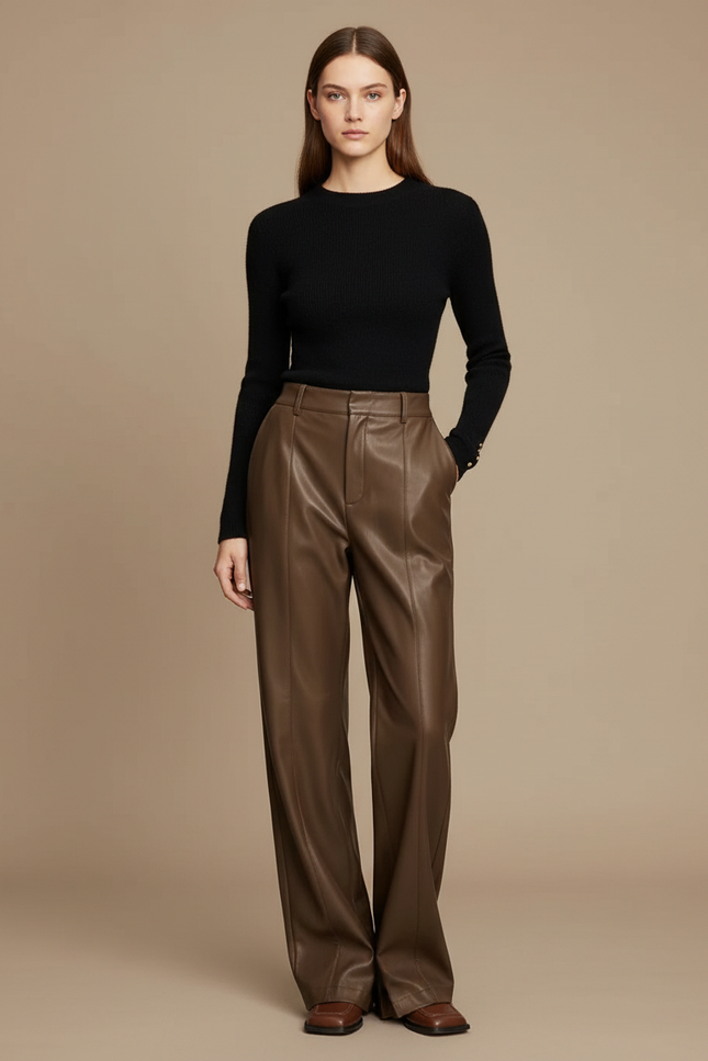 Pantalon Japonais Marron Cuir Ample Droit Élégant Femme