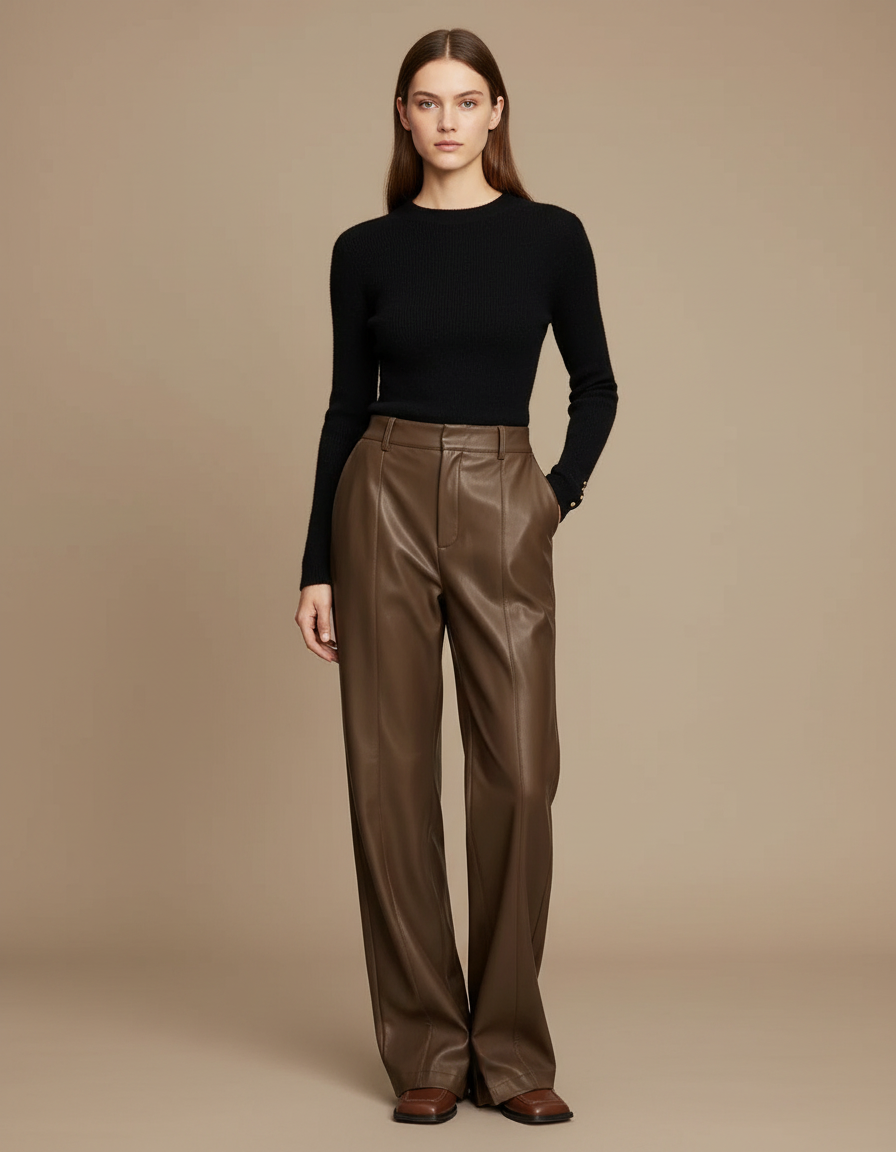 Pantalon Japonais Marron Cuir Ample Droit Élégant Femme