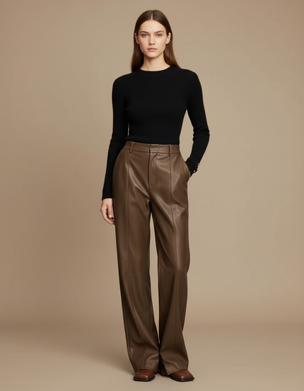 Pantalon Japonais Marron Cuir Ample Droit Élégant Femme