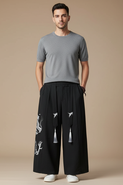 Pantalon Japonais Noir Ample Dragon Tassels Fluide - Polyester