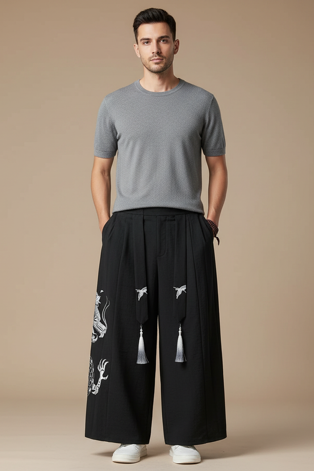Pantalon Japonais Noir Ample Dragon Tassels Fluide - Polyester