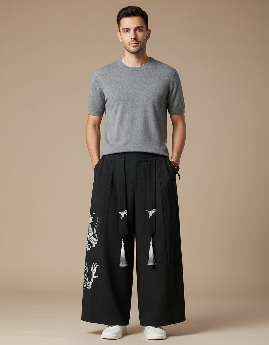 Pantalon Japonais Noir Ample Dragon Tassels Fluide - Polyester