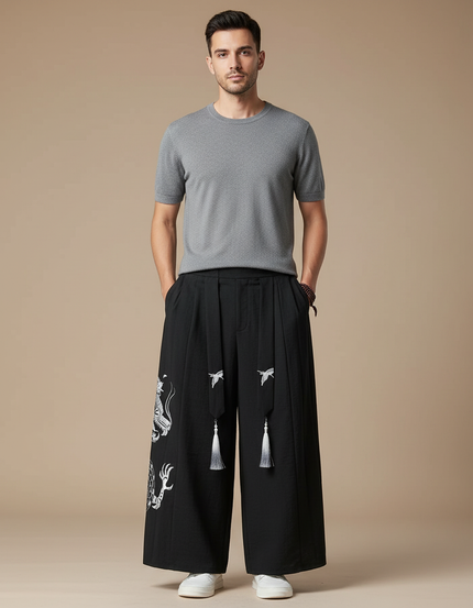 Pantalon Japonais Noir Ample Dragon Tassels Fluide - Polyester