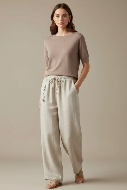 Pantalon Japonais Large Lin Imprimé Chat Décontracté - Beige