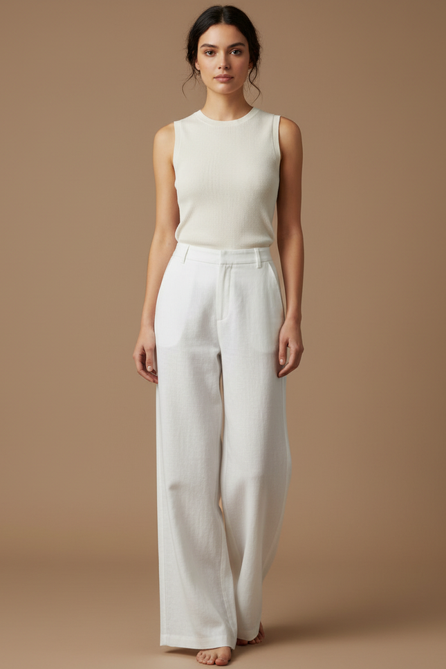 Pantalon Japonais Blanc Lin Ample Décontracté Fluide
