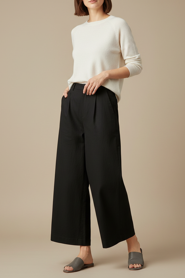 Pantalon Japonais Noir Ample Plissé Décontracté Coton - Lin