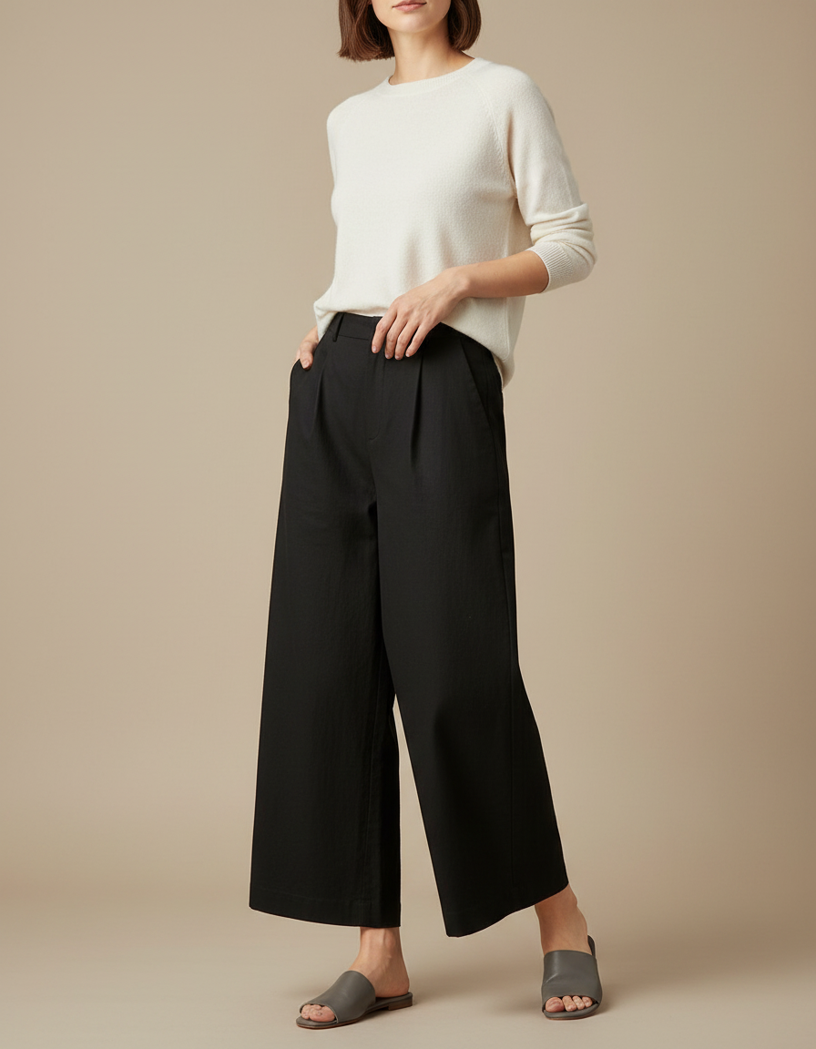 Pantalon Japonais Noir Ample Plissé Décontracté Coton - Lin