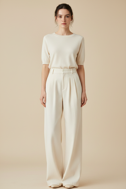 Pantalon Japonais Crème Ample Plissé Élégant Droit - Beige Laine
