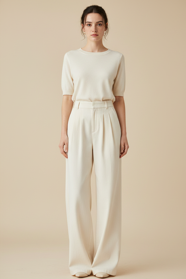 Pantalon Japonais Crème Ample Plissé Élégant Droit - Beige Laine