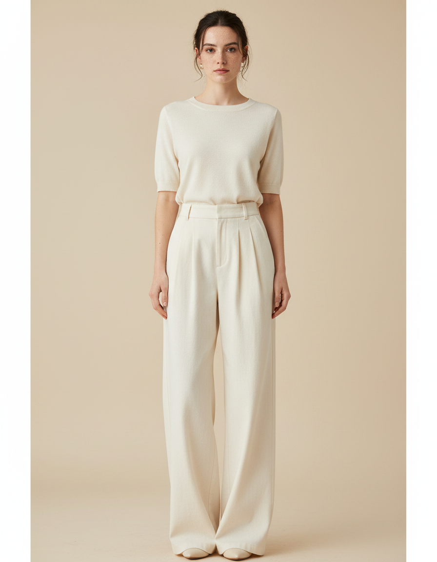 Pantalon Japonais Crème Ample Plissé Élégant Droit - Beige Laine