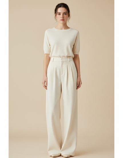 Pantalon Japonais Crème Ample Plissé Élégant Droit - Beige Laine
