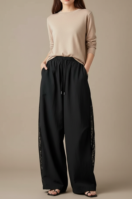Pantalon Japonais Noir Ample Dentelle Fluide Femme - Polyester
