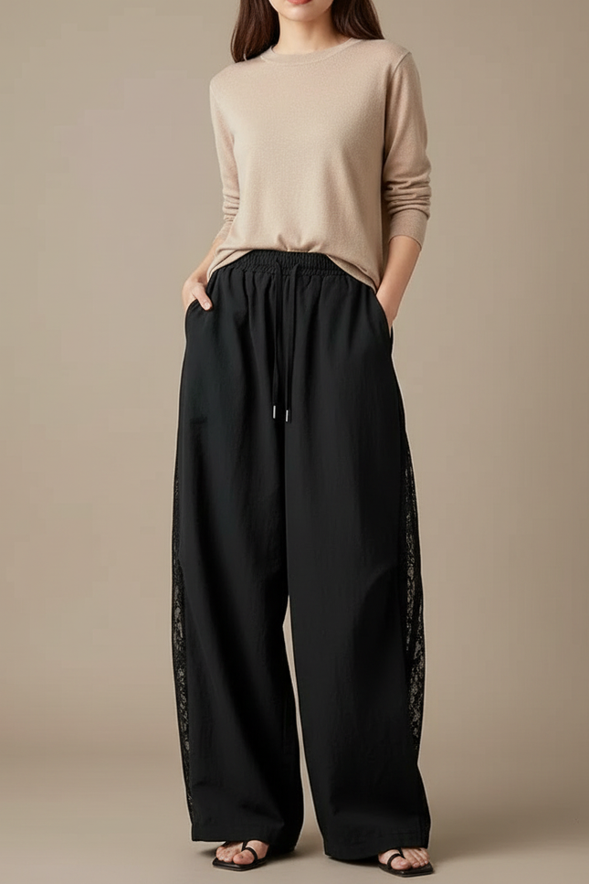 Pantalon Japonais Noir Ample Dentelle Fluide Femme - Polyester