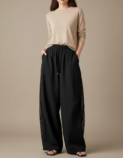 Pantalon Japonais Noir Ample Dentelle Fluide Femme - Polyester